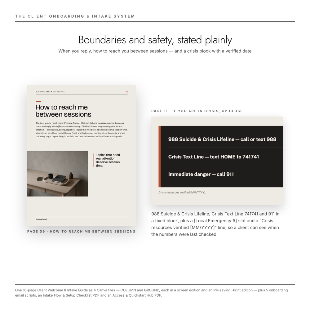 How to reach me between sessions page and a close-up of the crisis resources block with 988, Crisis Text Line, 911 and a verified date line