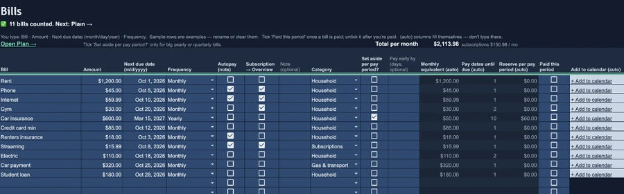 Safe to Spend Budget Planner — Google Sheets, Apple Numbers & Excel