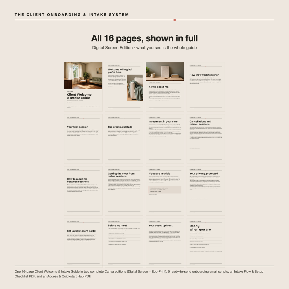 All 16 pages of the Client Welcome & Intake Guide, COLUMN screen edition, shown in a full-page grid