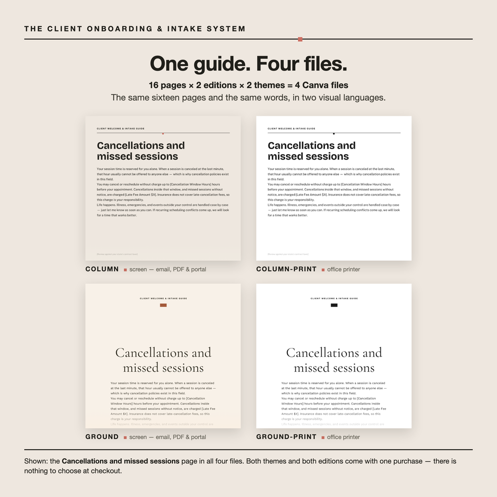 One guide, four files — the Cancellations and missed sessions page shown in COLUMN, COLUMN-Print, GROUND and GROUND-Print