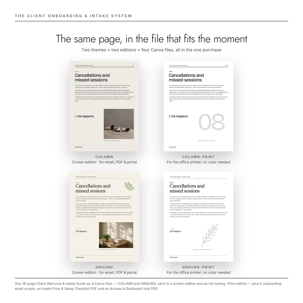 One guide, four files — the Cancellations and missed sessions page shown in COLUMN, COLUMN-Print, GROUND and GROUND-Print