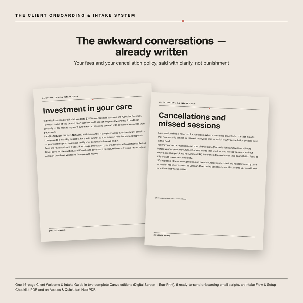 Investment in your care and Cancellations and missed sessions pages — the fee and cancellation conversations already written