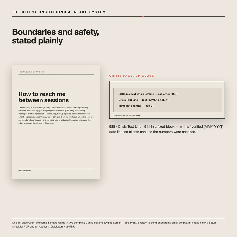 Communication boundaries page and a close-up of the crisis resources block with 988, Crisis Text Line, 911 and a verified date line