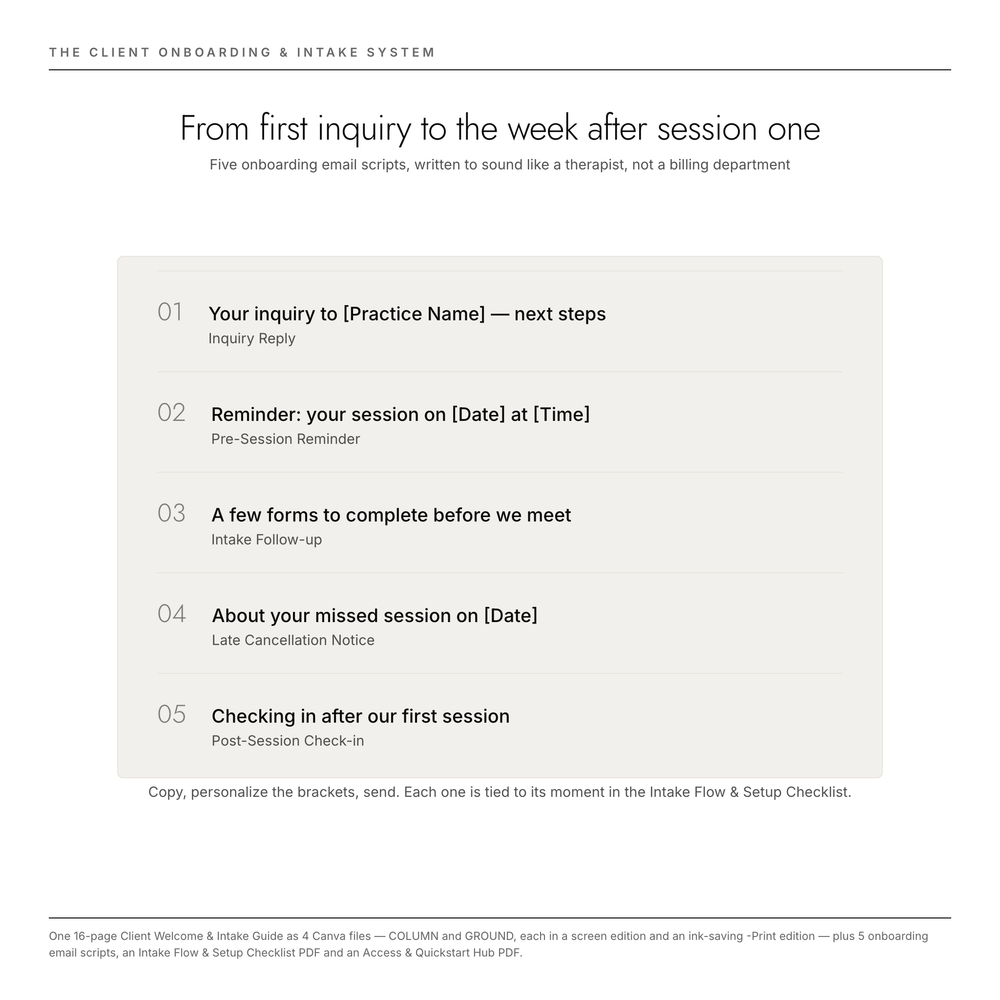 Five client onboarding email scripts listed by subject line — inquiry reply, pre-session reminder, intake follow-up, late cancellation notice, post-session check-in