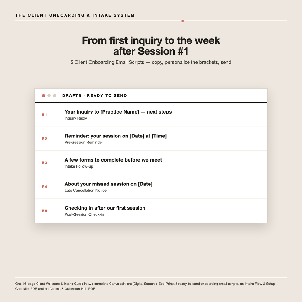 Five client onboarding email scripts listed by subject line — inquiry reply, pre-session reminder, intake follow-up, late cancellation notice, post-session check-in